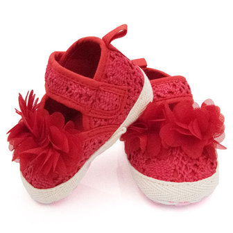 Baby schoenen rood met rode bloem 
