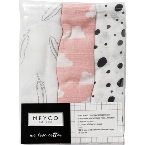 Meyco luiers 3-pack feathers clouds dots grijs/roze/zwart/wit