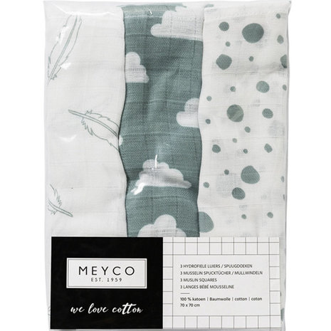Meyco luiers 3-pack feathers clouds dots stone green/wit