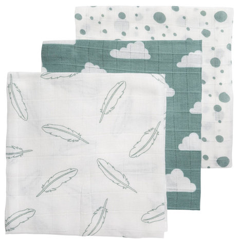 Meyco luiers 3-pack feathers clouds dots stone green/wit